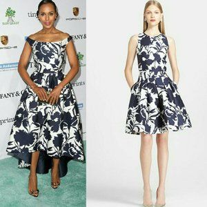 °$3,700 OSCAR DE LA RENTA IVORY BLUE FLORAL SILK RUNWAY DRESS US 2 OR US 14